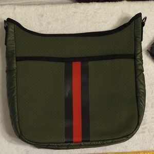 HAUTE SHORE Blake Avenue Olive Crossbody Bag with Red Stripe